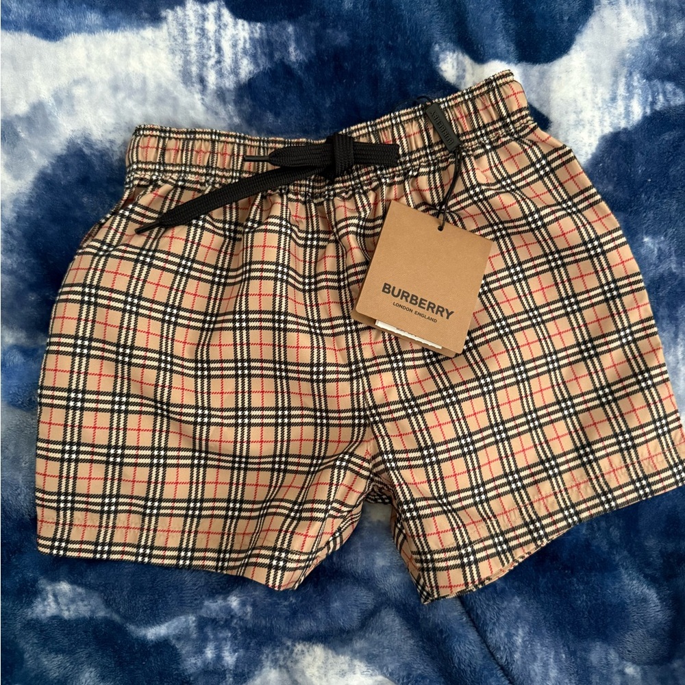 Burberry Tan and Black Plaid Swim Shorts